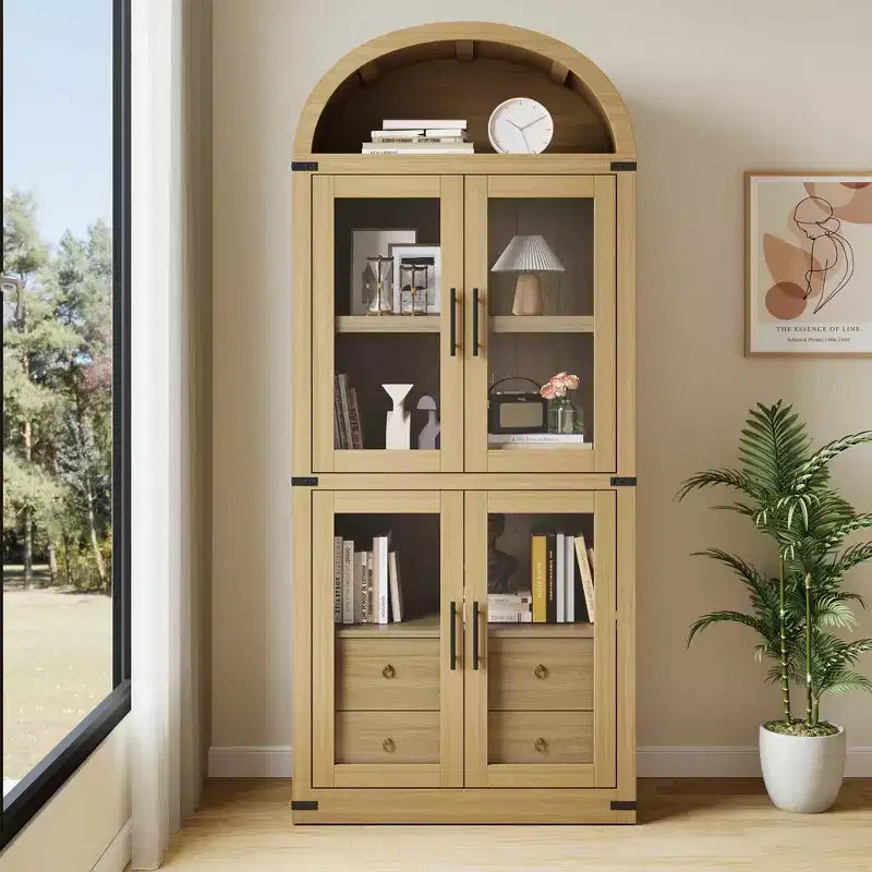 Libreria ad arco con ante e cassetti, libreria in stile rustico, profondità 40 cm, scaffali espositivi, alta 181 cm, vetrinetta in legno, librerie arrotondate