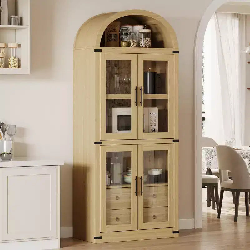 Libreria ad arco con ante e cassetti, libreria in stile rustico, profondità 40 cm, scaffali espositivi, alta 181 cm, vetrinetta in legno, librerie arrotondate