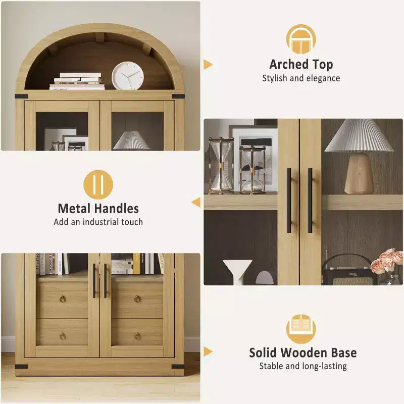 Libreria ad arco con ante e cassetti, libreria in stile rustico, profondità 40 cm, scaffali espositivi, alta 181 cm, vetrinetta in legno, librerie arrotondate