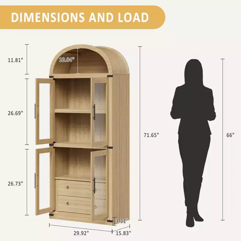 Libreria ad arco con ante e cassetti, libreria in stile rustico, profondità 40 cm, scaffali espositivi, alta 181 cm, vetrinetta in legno, librerie arrotondate