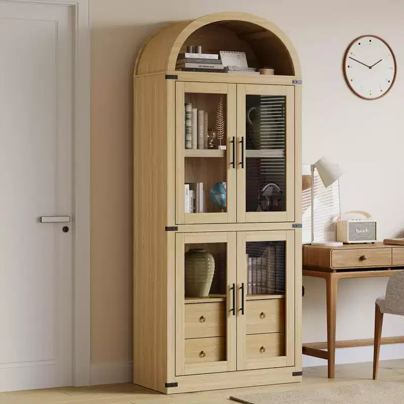 Libreria ad arco con ante e cassetti, libreria in stile rustico, profondità 40 cm, scaffali espositivi, alta 181 cm, vetrinetta in legno, librerie arrotondate
