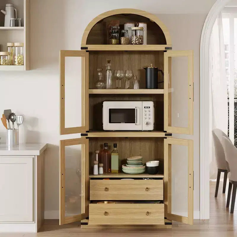 Libreria ad arco con ante e cassetti, libreria in stile rustico, profondità 40 cm, scaffali espositivi, alta 181 cm, vetrinetta in legno, librerie arrotondate