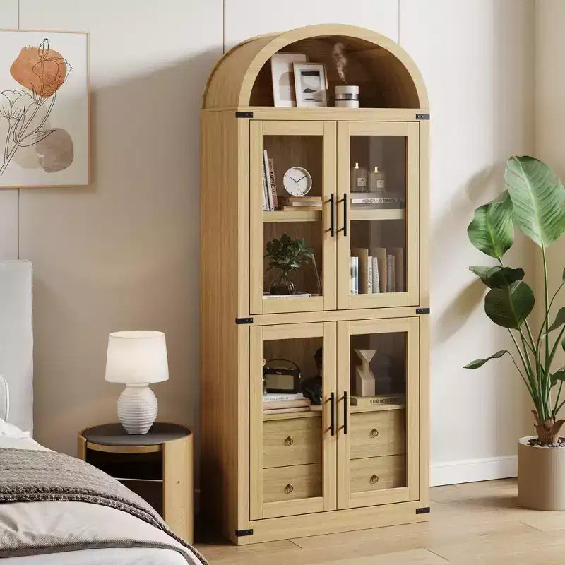 Libreria ad arco con ante e cassetti, libreria in stile rustico, profondità 40 cm, scaffali espositivi, alta 181 cm, vetrinetta in legno, librerie arrotondate