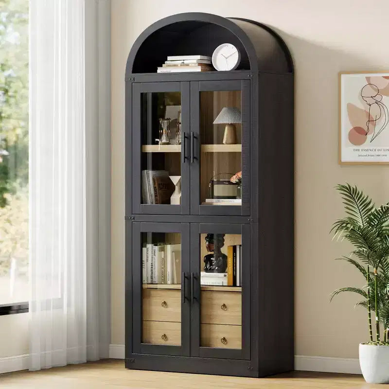 Libreria ad arco con ante e cassetti, libreria in stile rustico, profondità 40 cm, scaffali espositivi, alta 181 cm, vetrinetta in legno, librerie arrotondate