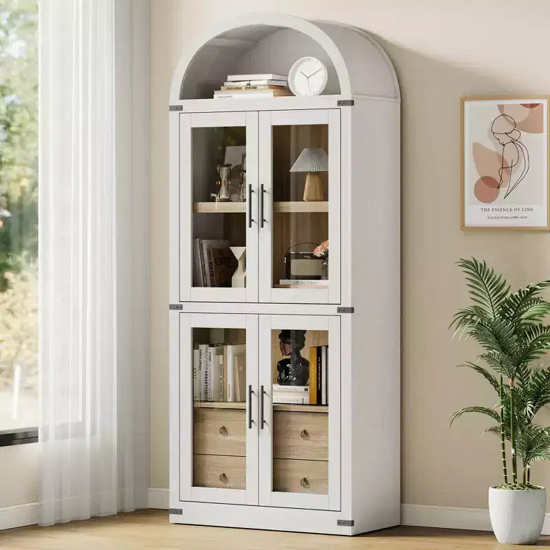 Libreria ad arco con ante e cassetti, libreria in stile rustico, profondità 40 cm, scaffali espositivi, alta 181 cm, vetrinetta in legno, librerie arrotondate