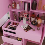 Mobile toeletta elegante Famapy con specchio LED a figura intera e cassetti divisori, mobile contenitore bianco/nero/rosa, organizer spazioso per il trucco in camera da letto