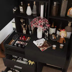 Mobile toeletta elegante Famapy con specchio LED a figura intera e cassetti divisori, mobile contenitore bianco/nero/rosa, organizer spazioso per il trucco in camera da letto