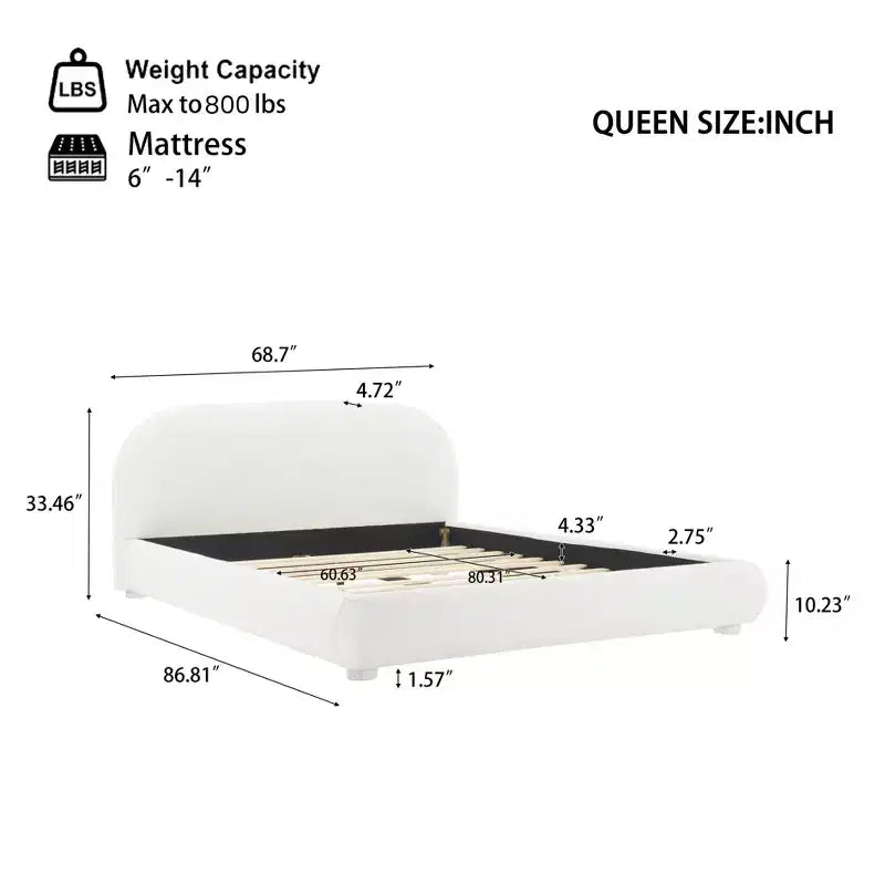Letto a piattaforma Queen/King Size, struttura imbottita in tessuto Bouclé con testiera curva - ModernLuxe
