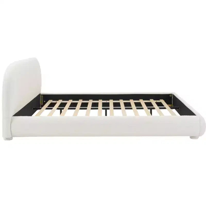 Letto a piattaforma Queen/King Size, struttura imbottita in tessuto Bouclé con testiera curva - ModernLuxe