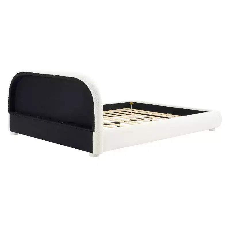 Letto a piattaforma Queen/King Size, struttura imbottita in tessuto Bouclé con testiera curva - ModernLuxe