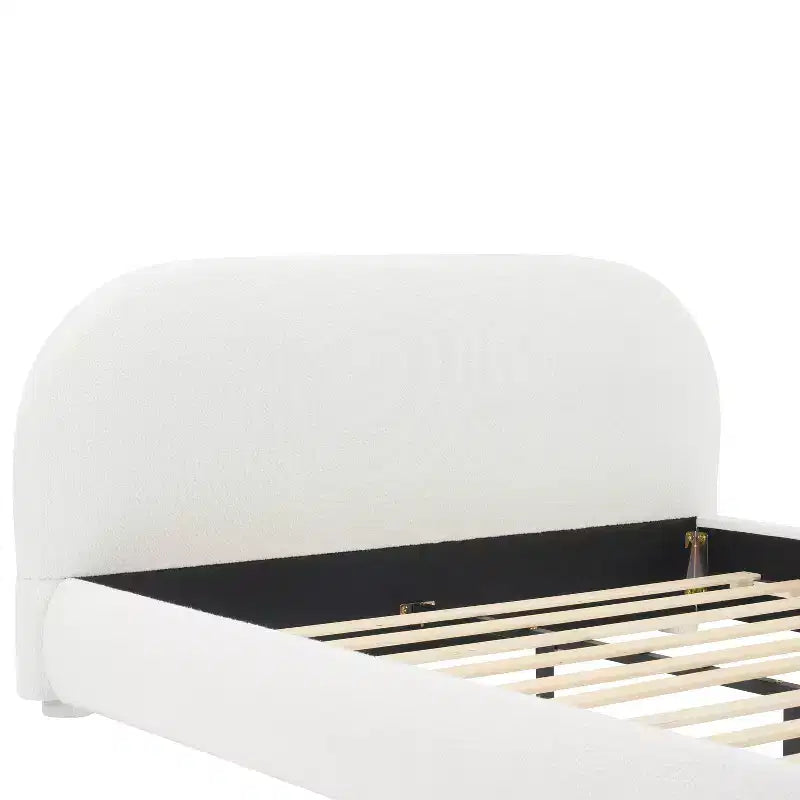 Letto a piattaforma Queen/King Size, struttura imbottita in tessuto Bouclé con testiera curva - ModernLuxe