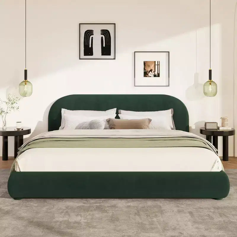 Letto a piattaforma Queen/King Size, struttura imbottita in tessuto Bouclé con testiera curva - ModernLuxe