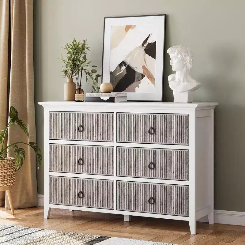 Fluted Dresser,6 Drawer Dresser for Bedroom, Modern Waveform Panel Closet Dressers Chest with Circle Black Handle, 47.2 Wide Wood Storage Organizer
