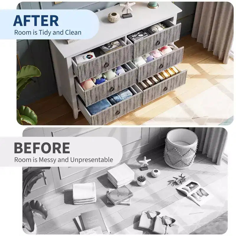 Comò scanalato, comò a 6 cassetti per camera da letto, cassettiera moderna con pannello a onde e maniglie nere a cerchio, organizer in legno largo 120 cm