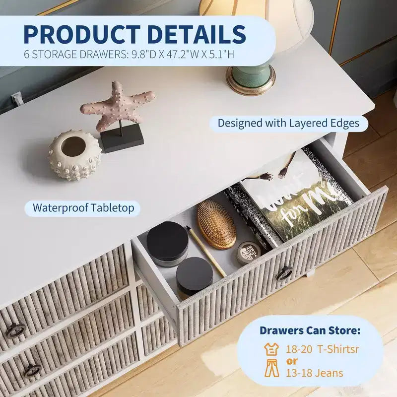 Comò scanalato, comò a 6 cassetti per camera da letto, cassettiera moderna con pannello a onde e maniglie nere a cerchio, organizer in legno largo 120 cm