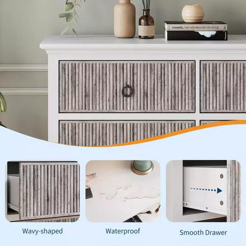 Comò scanalato, comò a 6 cassetti per camera da letto, cassettiera moderna con pannello a onde e maniglie nere a cerchio, organizer in legno largo 120 cm
