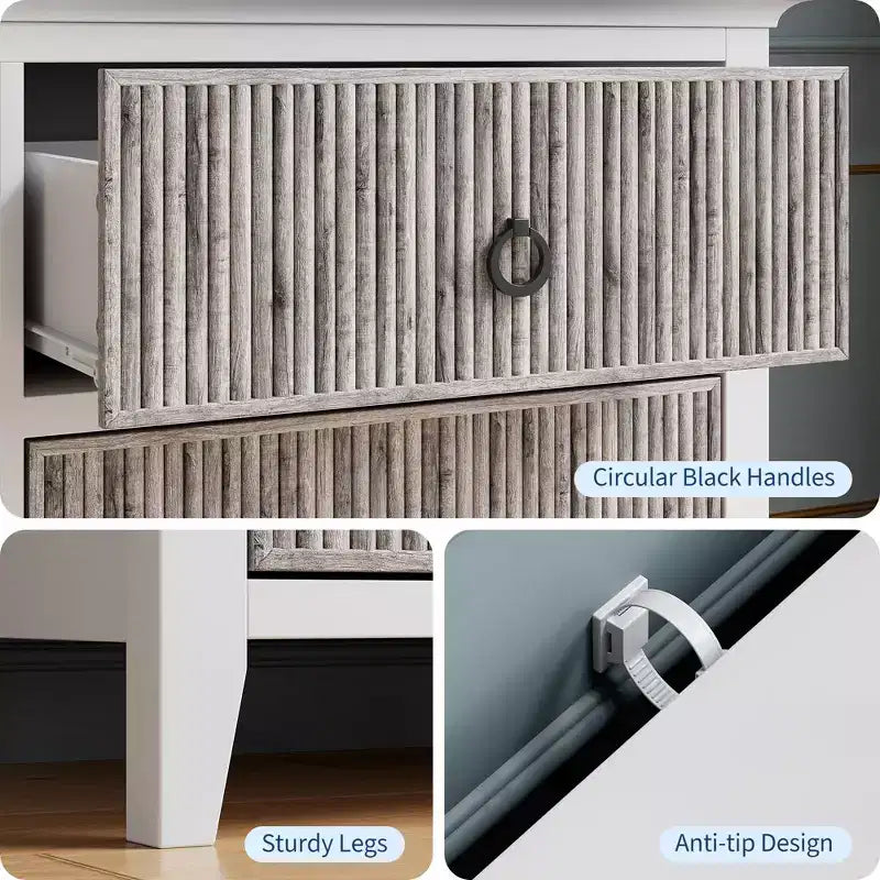Comò scanalato, comò a 6 cassetti per camera da letto, cassettiera moderna con pannello a onde e maniglie nere a cerchio, organizer in legno largo 120 cm