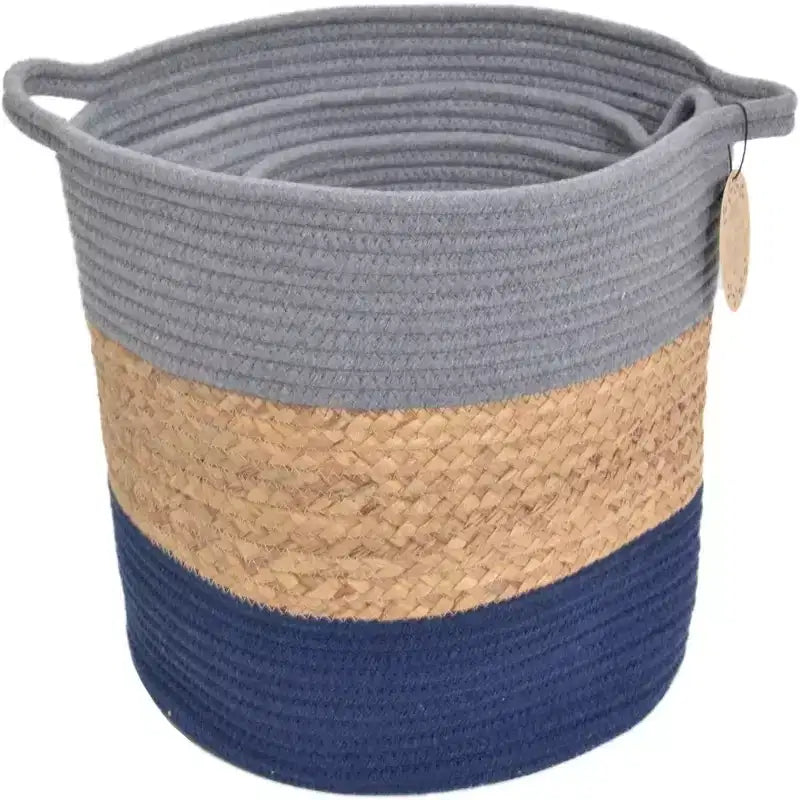 J&V TEXTILES Cotton Rope Storage Basket 3-Piece Set, Woven Laundry Hamper with Handle, Gray Navy Natural