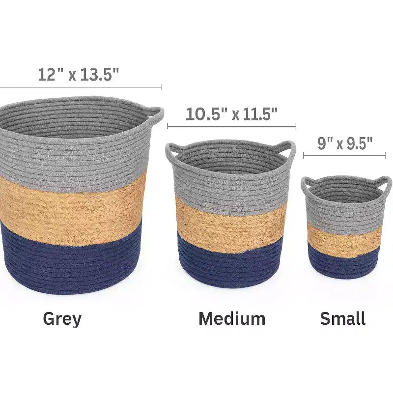 J&V TEXTILES Cesto portaoggetti in corda di cotone, set da 3 pezzi, cesto della biancheria intrecciato con manici, grigio blu navy naturale