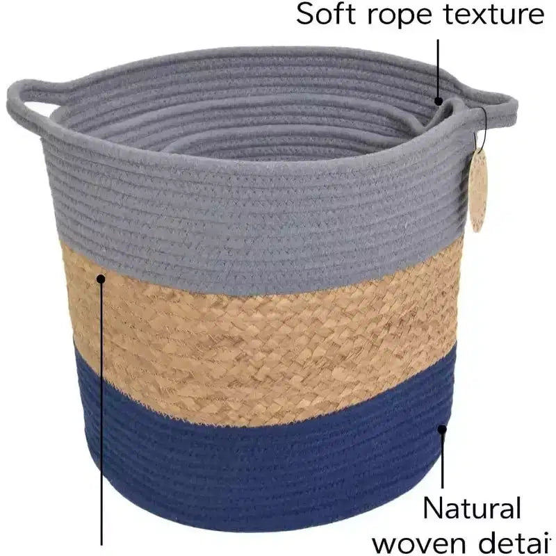 J&V TEXTILES Cesto portaoggetti in corda di cotone, set da 3 pezzi, cesto della biancheria intrecciato con manici, grigio blu navy naturale