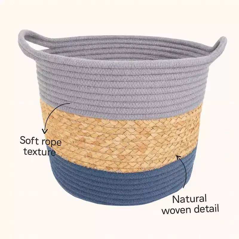 J&V TEXTILES Cesto portaoggetti in corda di cotone, set da 3 pezzi, cesto della biancheria intrecciato con manici, grigio blu navy naturale