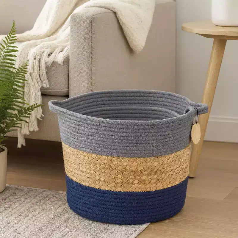 J&V TEXTILES Cesto portaoggetti in corda di cotone, set da 3 pezzi, cesto della biancheria intrecciato con manici, grigio blu navy naturale
