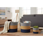 J&V TEXTILES Cesto portaoggetti in corda di cotone, set da 3 pezzi, cesto della biancheria intrecciato con manici, grigio blu navy naturale