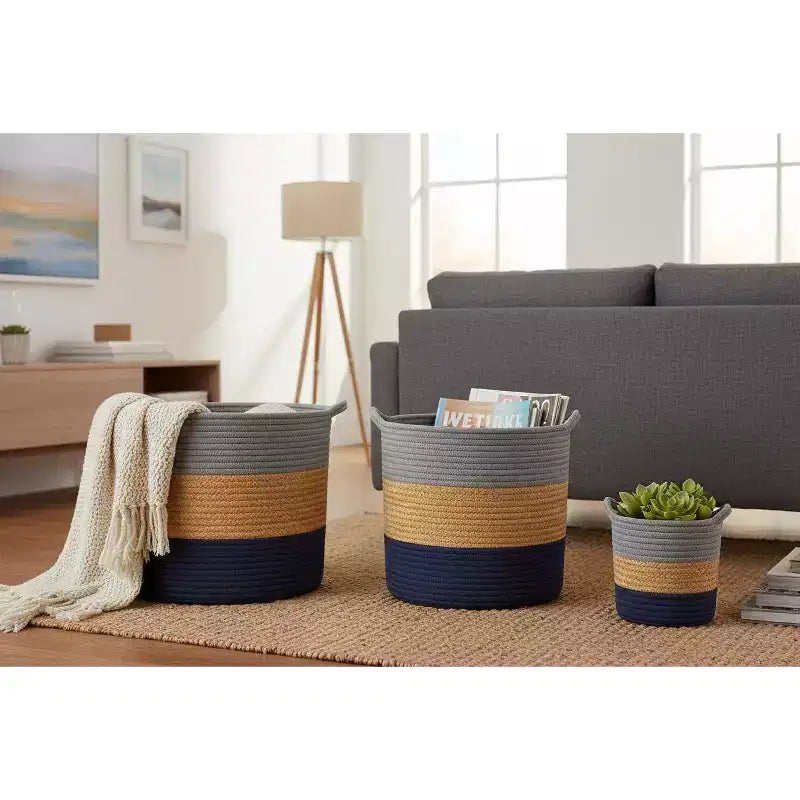 J&V TEXTILES Cesto portaoggetti in corda di cotone, set da 3 pezzi, cesto della biancheria intrecciato con manici, grigio blu navy naturale