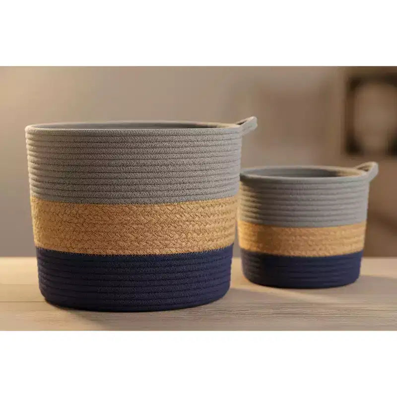 J&V TEXTILES Cesto portaoggetti in corda di cotone, set da 3 pezzi, cesto della biancheria intrecciato con manici, grigio blu navy naturale
