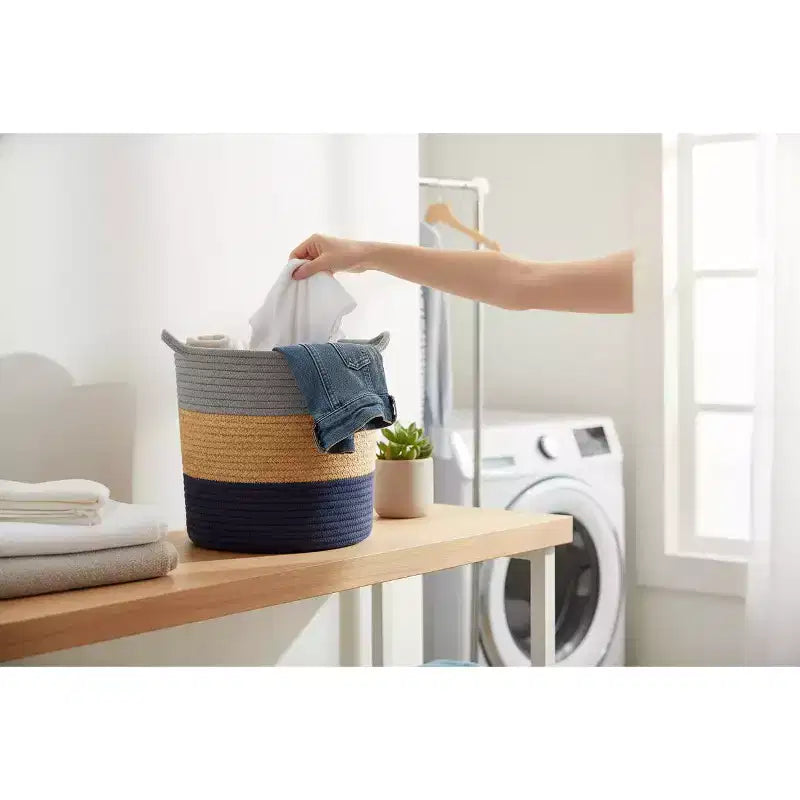 J&V TEXTILES Cesto portaoggetti in corda di cotone, set da 3 pezzi, cesto della biancheria intrecciato con manici, grigio blu navy naturale