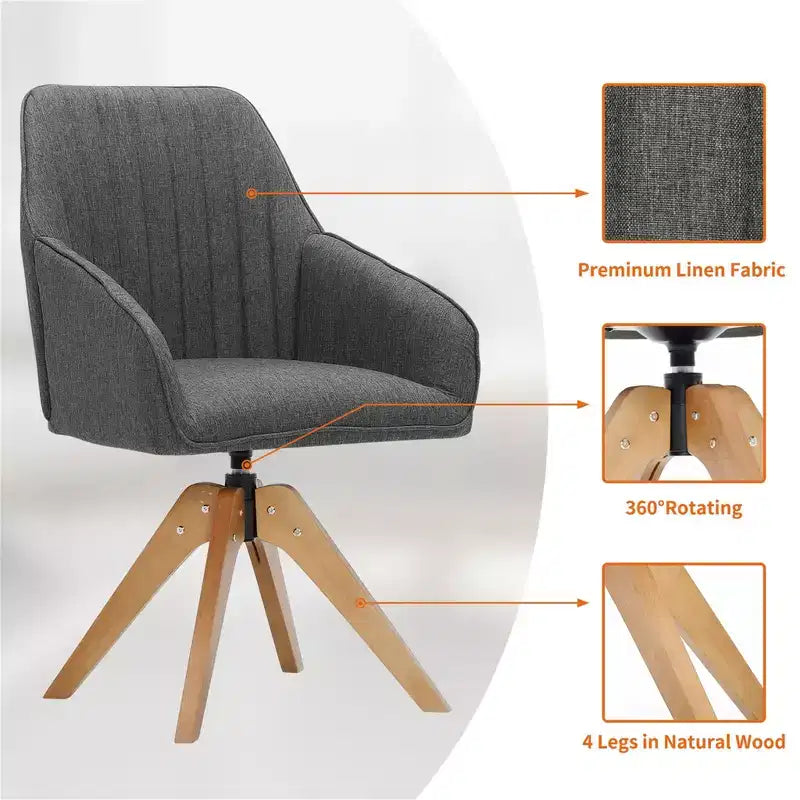 Poltrona girevole trapuntata Furniliving, rivestita in lino, per ufficio/salotto/camera da letto