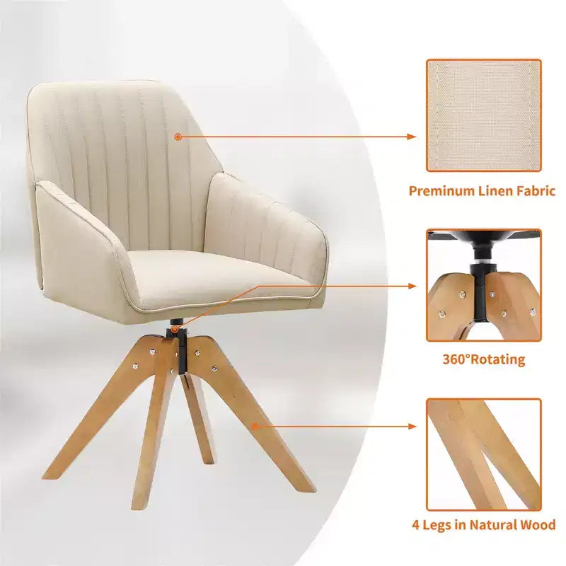 Poltrona girevole trapuntata Furniliving, rivestita in lino, per ufficio/salotto/camera da letto