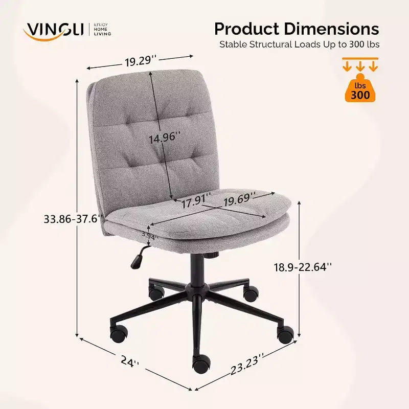 VINGLI Sedia da ufficio con schienale medio, senza braccioli, con/senza ruote, sedia girevole a 360° con cuscino imbottito in lino grigio scuro