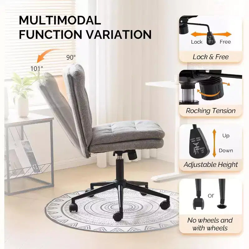 VINGLI Sedia da ufficio con schienale medio, senza braccioli, con/senza ruote, sedia girevole a 360° con cuscino imbottito in lino grigio scuro