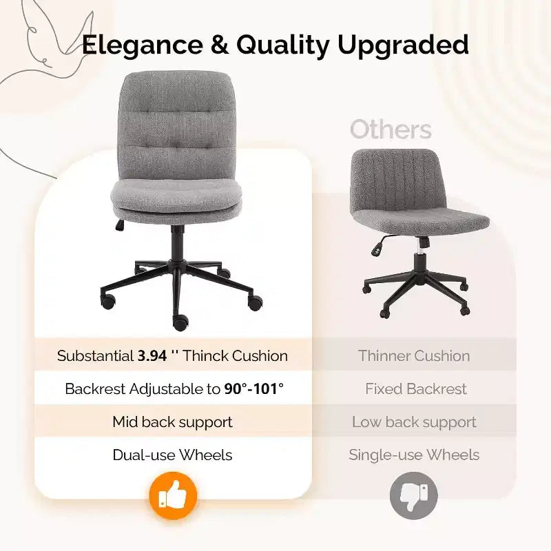 VINGLI Sedia da ufficio con schienale medio, senza braccioli, con/senza ruote, sedia girevole a 360° con cuscino imbottito in lino grigio scuro