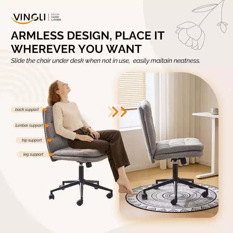 VINGLI Sedia da ufficio con schienale medio, senza braccioli, con/senza ruote, sedia girevole a 360° con cuscino imbottito in lino grigio scuro