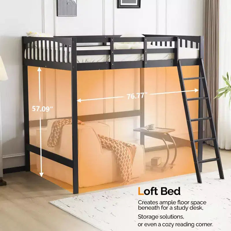Letto a soppalco VINGLI in legno massiccio con stazione di ricarica USB/LED, letto in legno massello con pioli piatti, sponda di protezione alta 15 pollici, nessuna necessità di rete a molle, nero