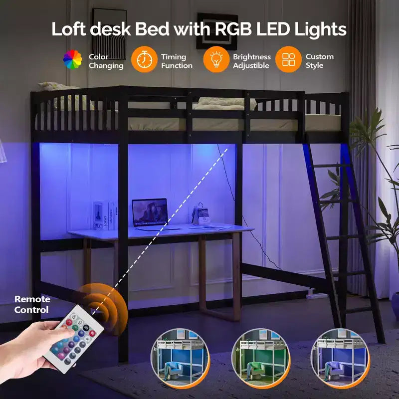 Letto a soppalco VINGLI in legno massiccio con stazione di ricarica USB/LED, letto in legno massello con pioli piatti, sponda di protezione alta 15 pollici, nessuna necessità di rete a molle, nero