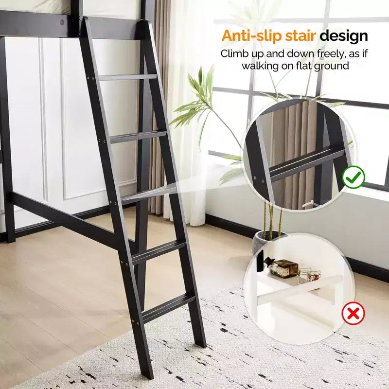 Letto a soppalco VINGLI in legno massiccio con stazione di ricarica USB/LED, letto in legno massello con pioli piatti, sponda di protezione alta 15 pollici, nessuna necessità di rete a molle, nero