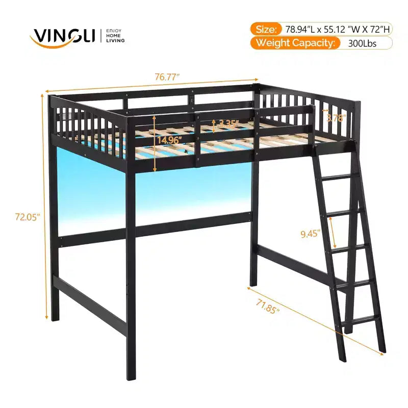 Letto a soppalco VINGLI in legno massiccio con stazione di ricarica USB/LED, letto in legno massello con pioli piatti, sponda di protezione alta 15 pollici, nessuna necessità di rete a molle, nero