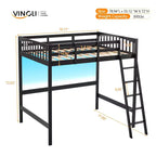 Letto a soppalco VINGLI in legno massiccio con stazione di ricarica USB/LED, letto in legno massello con pioli piatti, sponda di protezione alta 15 pollici, nessuna necessità di rete a molle, nero