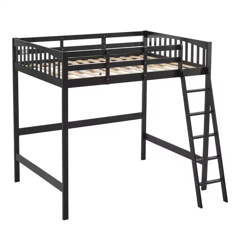 Letto a soppalco VINGLI in legno massiccio con stazione di ricarica USB/LED, letto in legno massello con pioli piatti, sponda di protezione alta 15 pollici, nessuna necessità di rete a molle, nero