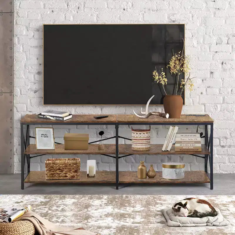 Mobile TV FurnitureR 63 pollici con luci a LED e stazione di alimentazione, centro di intrattenimento con ripiani portaoggetti, porte USB e prese di corrente, 70 pollici, Marrone