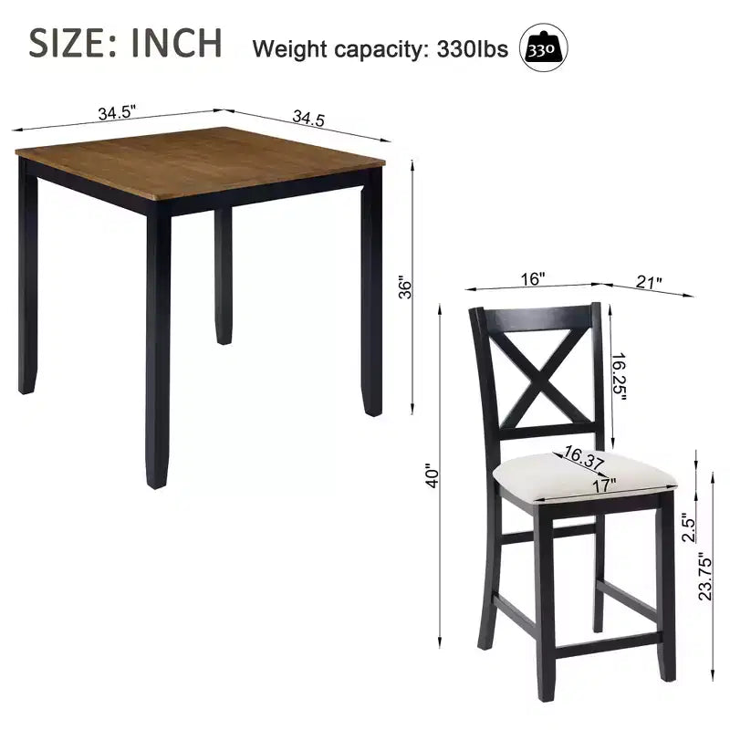 Set da pranzo Callan da 5 pezzi in legno stile rustico con sedie imbottite, altezza bancone, di GDFStudio