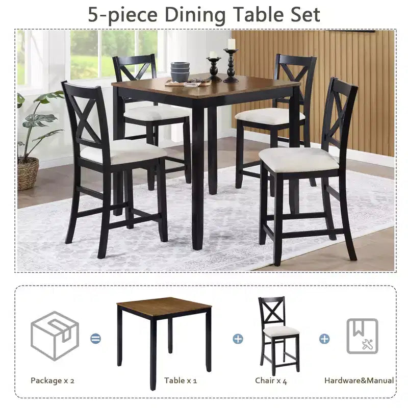 Set da pranzo Callan da 5 pezzi in legno stile rustico con sedie imbottite, altezza bancone, di GDFStudio