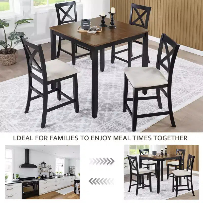 Set da pranzo Callan da 5 pezzi in legno stile rustico con sedie imbottite, altezza bancone, di GDFStudio