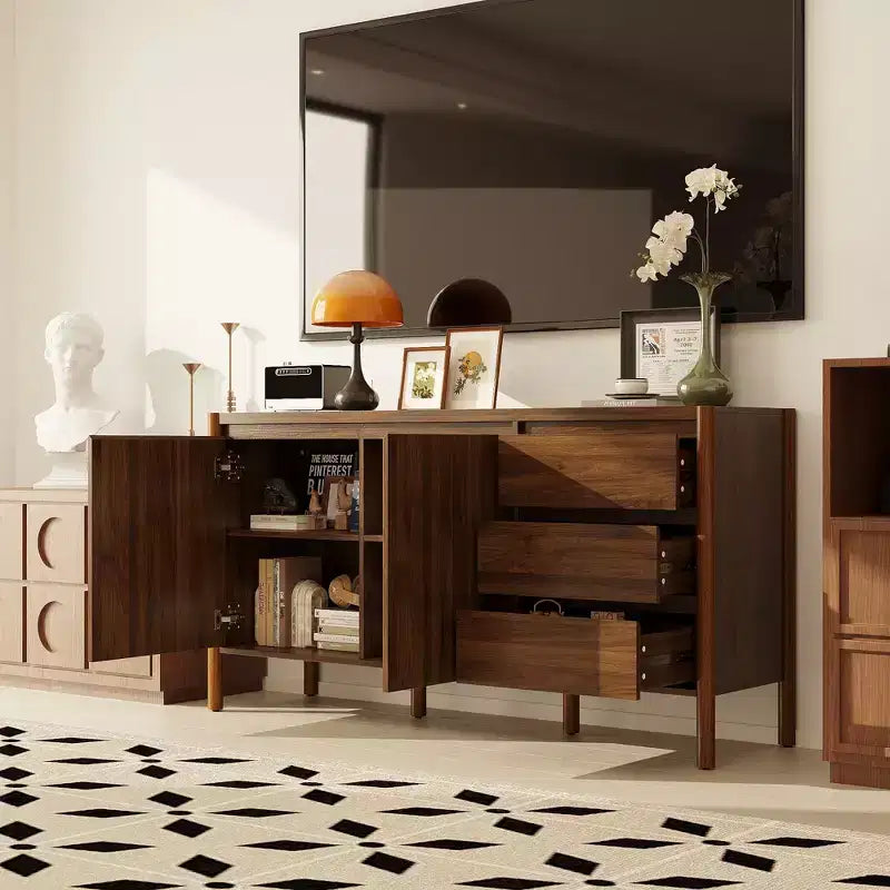 Mobile contenitore in legno di noce Famapy Mid-Century Modern con cassetti e gambe in legno massello, libreria/unità di intrattenimento elegante per il soggiorno