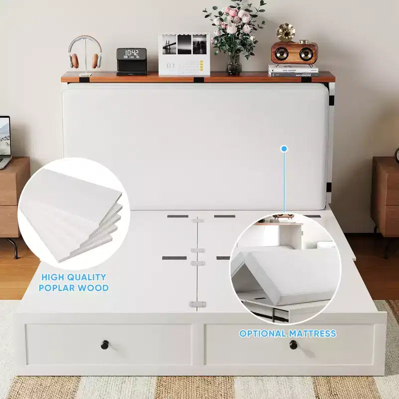 Mjkone Letto a Scomparsa Matrimoniale/Queen Size con Contenitore, SENZA MATERASSO