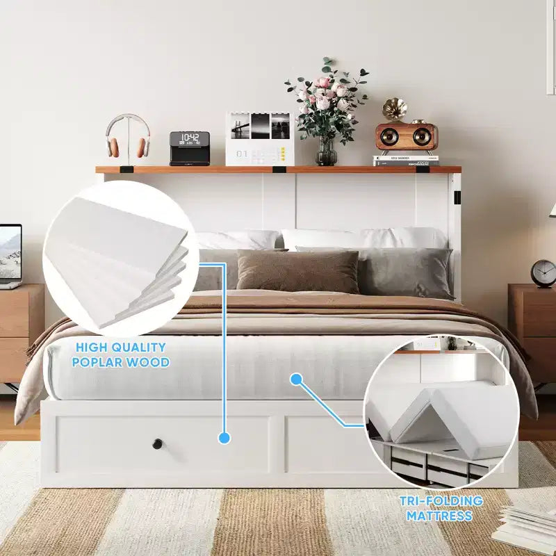 Mjkone Letto a Scomparsa Matrimoniale/Queen Size con Contenitore, SENZA MATERASSO