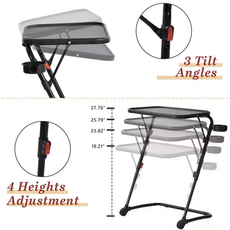 FurnitureR Vassoio TV Pieghevole Regolabile con 4 altezze e 3 angoli di inclinazione, Tavolino pieghevole per cena/snack/laptop con portabicchieri per letto e divano, Set da 4